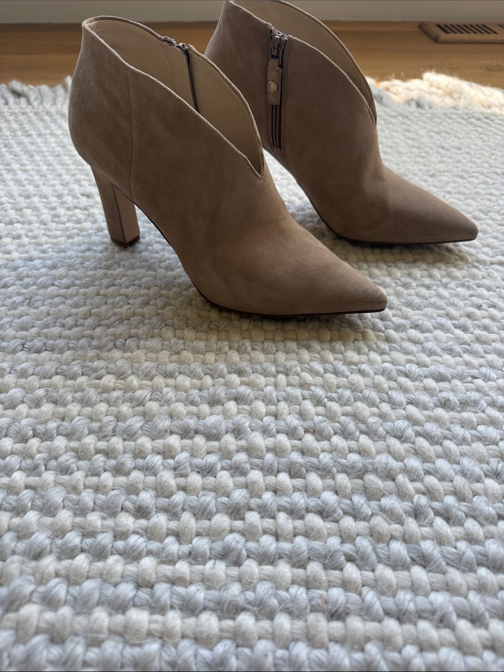 Cole Haan Taupe Suede Pointed-Toe Ankle Booties with Side Zip
